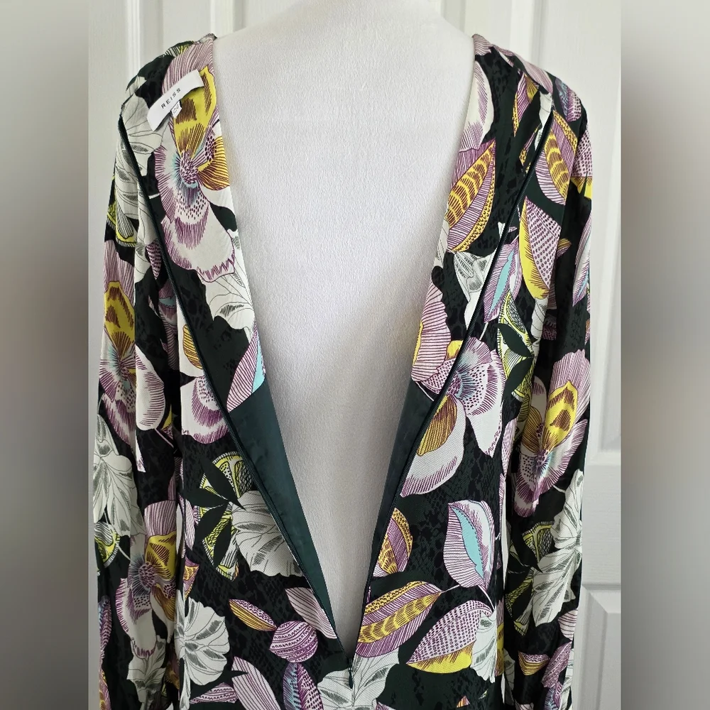 REISS Floral Midi Dress US 12 UK 16 Green Viscose Keyhole Neck Long Sleeve- EUC - Picture 14 of 16